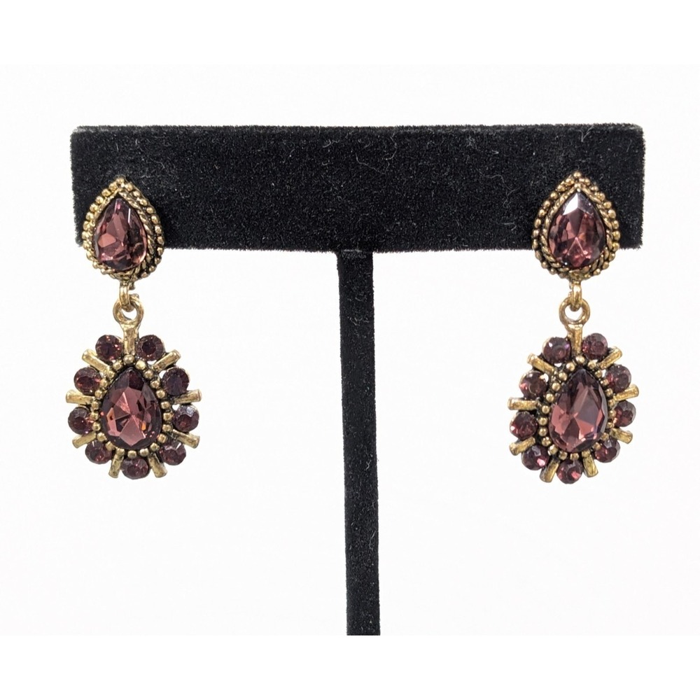 Purple Rhinestone Teardrop Dangle Earrings Gold Tone Statement Pierced